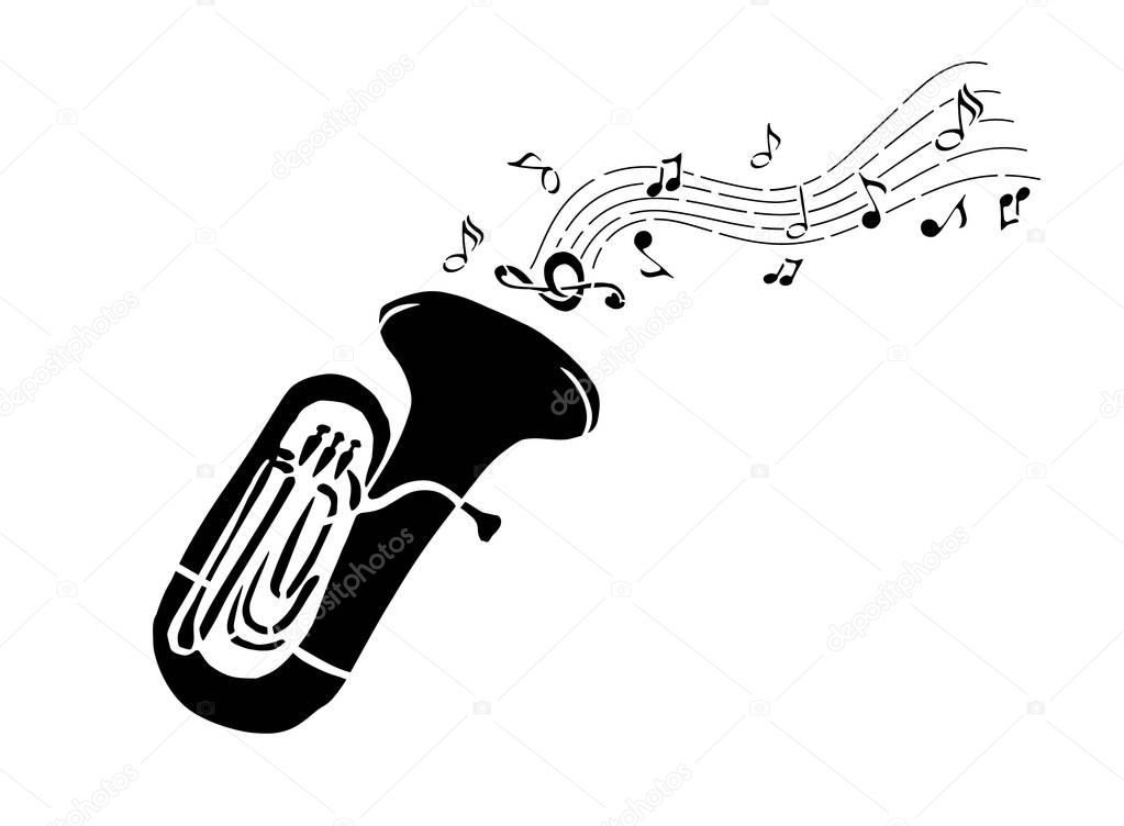 Silhouette of a tuba with notes. Abstract vector illustration