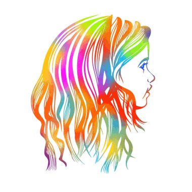 Profildeki bir kızın silüeti. Güzel bir kızın yüzü. Renkli çizgiler ve noktalar. Vektör illüstrasyonu