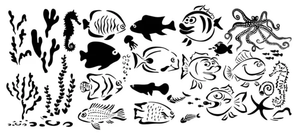 Set of monochrome marine life. Vector illustration of set of sea creatures — Stock Vector