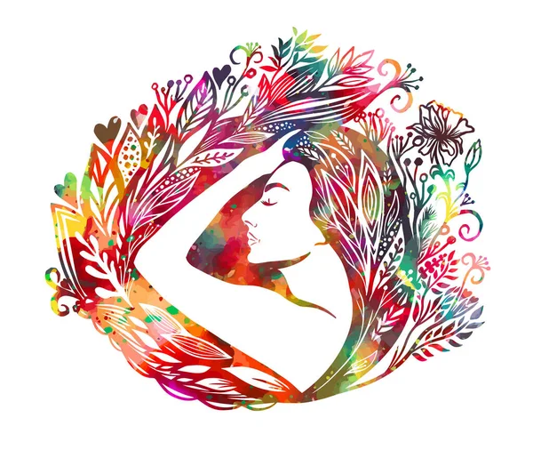 Perfil de una chica multicolor y hermosa en flores y hojas. Medios mixtos. Pintoresco dibujo. Ilustración vectorial — Vector de stock