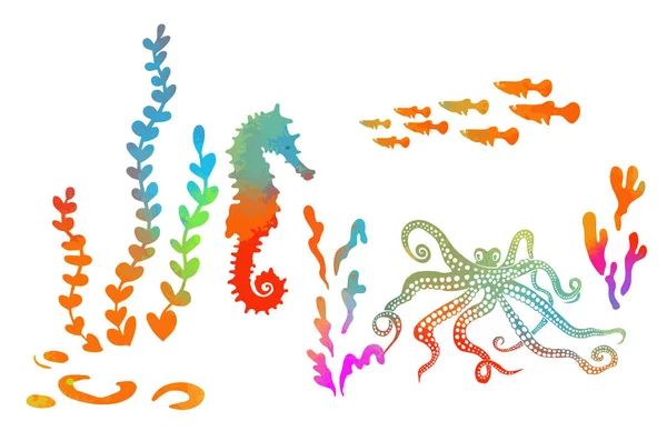Objeto colorido caballito de mar. Animales marinos multicolores. Ilustración vectorial — Vector de stock