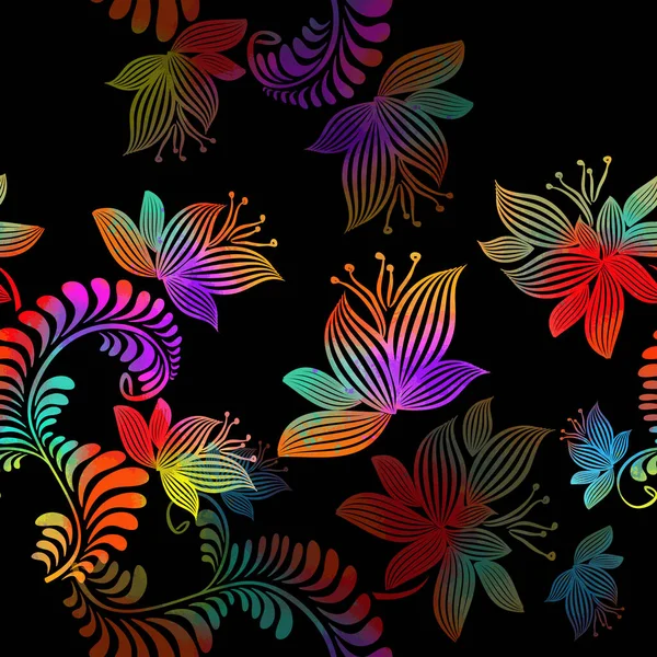 Een naadloos patroon met kleurrijke bloemen. Zwarte achtergrond. Gemengde media. Vectorillustratie — Stockvector