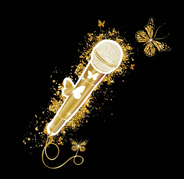 Zlatý mikrofon s krásnými lesklými motýly. Mikrovektorová ikona. Kreslený vektor ikona izolované na bílém pozadí mikrofon. Vektorová ilustrace — Stockový vektor