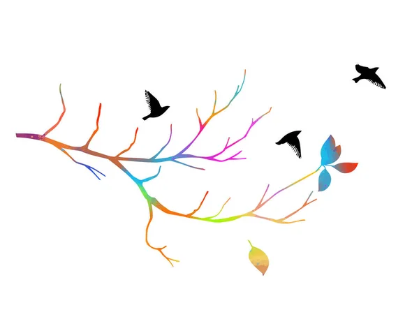 Une branche d'arbre nue multicolore avec des oiseaux. Illustration vectorielle — Image vectorielle