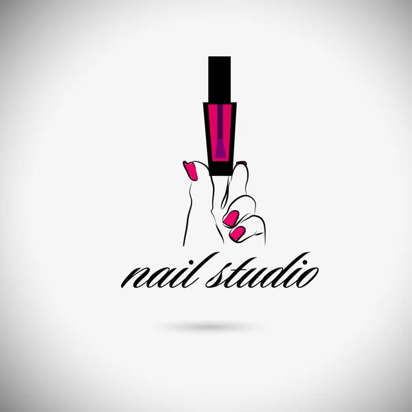 Uma mão de mulher com uma lata de esmalte. Logo estúdio de manicure. Ilustração vetorial — Vetor de Stock