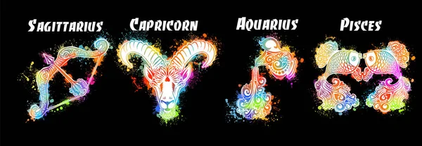 Un conjunto de signos del zodiaco. Huella de camiseta. Símbolo para el tatuaje. Medios mixtos. Objetos multicolores. Elementos de agua, tierra, fuego y aire. Ilustración vectorial — Vector de stock