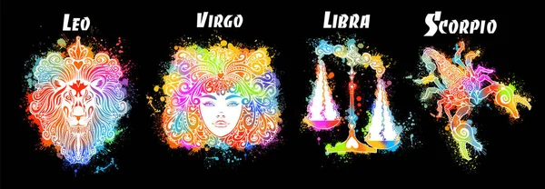 Un conjunto de signos del zodiaco. Huella de camiseta. Símbolo para el tatuaje. Medios mixtos. Objetos multicolores. Elementos de agua, tierra, fuego y aire. Ilustración vectorial — Vector de stock