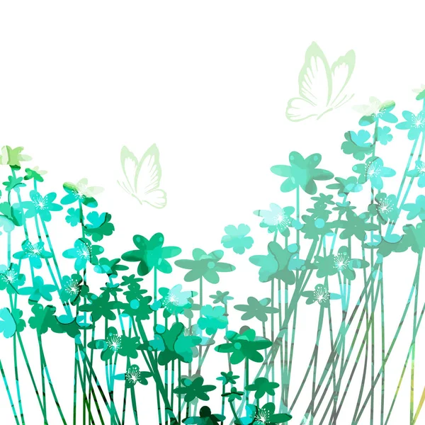 El fondo es una postal con flores pequeñas y azul verdosas. Pradera de verano con mariposas. Ilustración vectorial — Archivo Imágenes Vectoriales