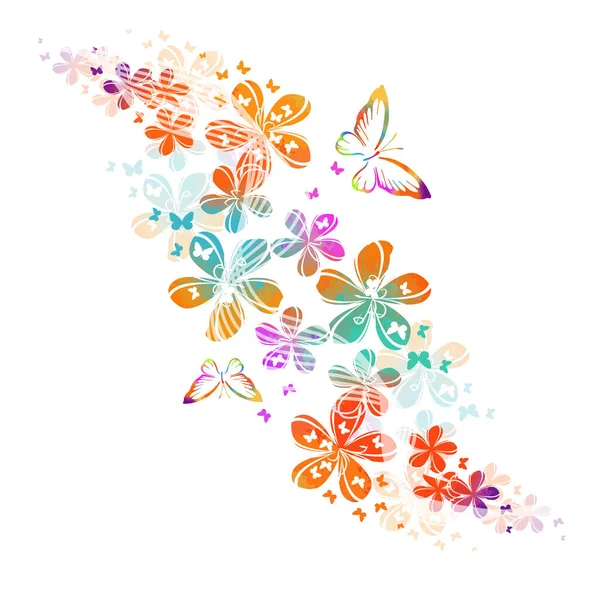 Abstraction with colorful cute simple flowers and butterflies. Vector illustration — Stock Vector