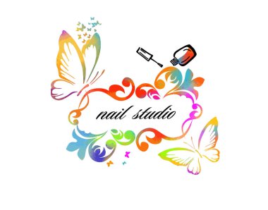 Tırnak stüdyosu. Tırnak cilası logosu. Karışık medya. Çok renkli kelebekler. vektör illüstrasyonu