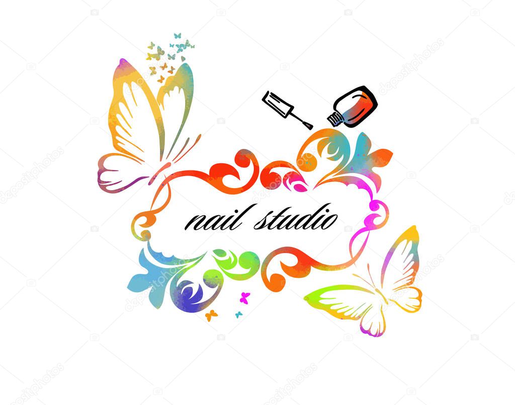 Nail studio. Nail polish logo. Mixed media. Multicolored butterflies. vector illustration