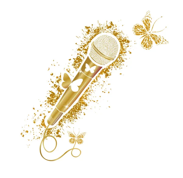 Zlatý mikrofon s krásnými lesklými motýly. Mikrovektorová ikona. Kreslený vektor ikona izolované na bílém pozadí mikrofon. Vektorová ilustrace — Stockový vektor