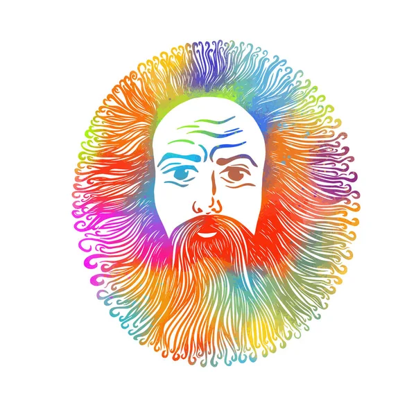 Retrato multicolor del mar escénico de un hombre. Cara gráfica de un hombre barbudo y de pelo largo. Ilustración vectorial — Vector de stock