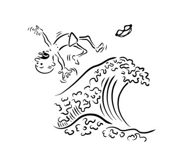 Suya dikkat et. Denizde tedbir. El sallayıp yüzüyorsun. Vektör illüstrasyonu