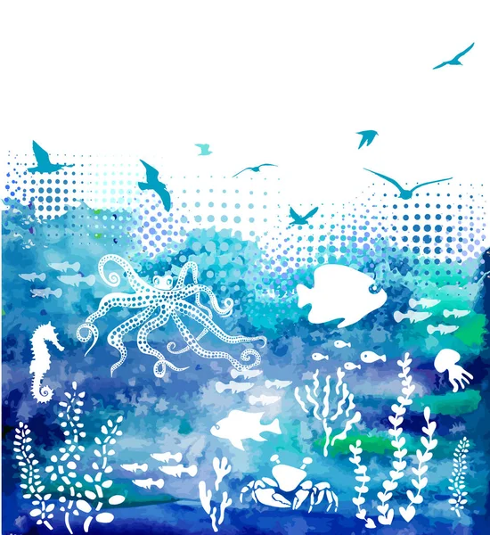 Abstração do mar e gaivotas. fundo do mar com peixes e polvo. Ilustração vetorial — Vetor de Stock