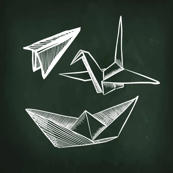 Origami vector set. Airplane, ship. White paper design. Graphic pattern with chalk on the school board. Vector illustration — Stock Vector