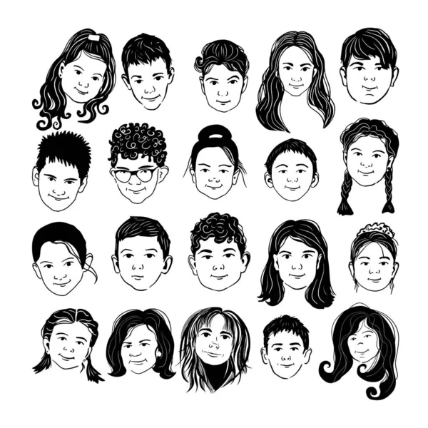 Monochromatické tváře dětí. Vektorová ilustrace — Stockový vektor