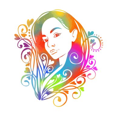Kızın çok renkli güzel bir yüzü var. Güzellik salonu. Vektör Resimli