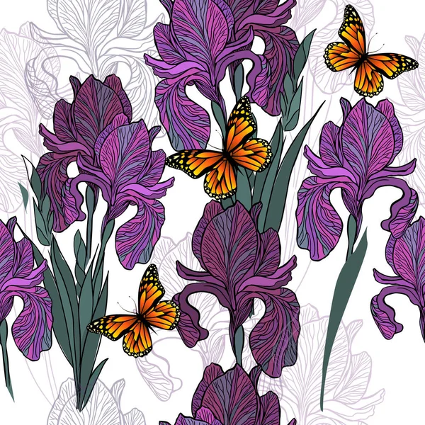 En sömlös bakgrund av iris och fjärilar. Vektorillustration — Stock vektor