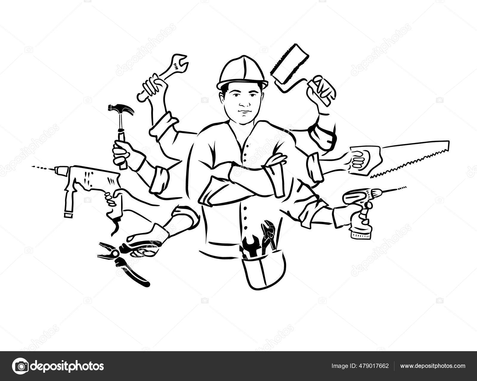 Ferramentas na mão. Jack de todos os comércios. faz-tudo. Um construtor que  sabe fazer tudo. ilustração vetorial Vetor de ©maryia777 479017662, image size:1600x1277