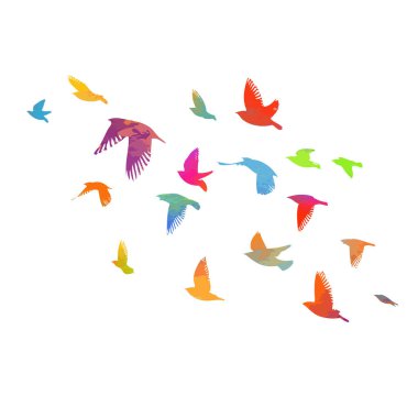 Renkli bir kuş sürüsü. Vektör illüstrasyonu