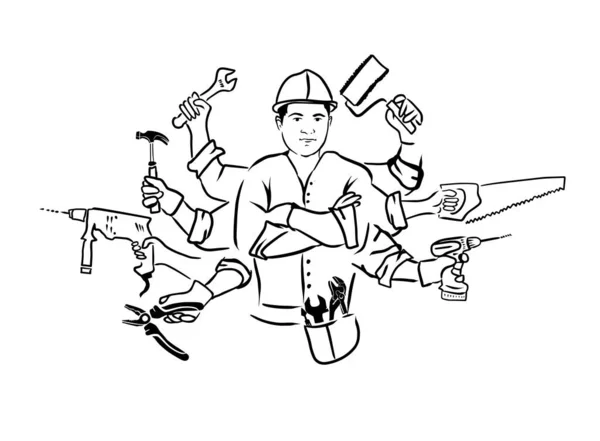 El aletleri. Tüm ticaretlerin valesi. Becerikli adam. Her şeyi nasıl yapacağını bilen bir inşaatçı. vektör illüstrasyonu