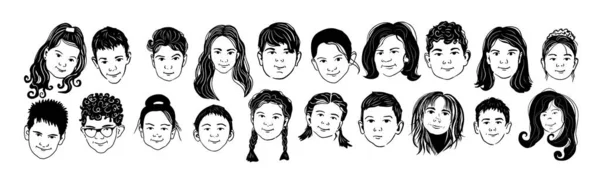 Caras monocromáticas de los niños. Ilustración vectorial — Vector de stock