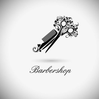 Soyut makas ve saç fırçası. Güzellik salonu logosu. Vektör illüstrasyonu