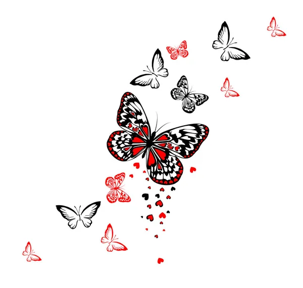 Mariposas con corazones. Rojo y negro. Feliz día de San Valentín. Ilustración vectorial — Vector de stock
