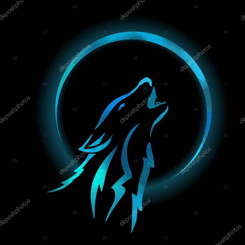 Wolf head howling in front of the moon