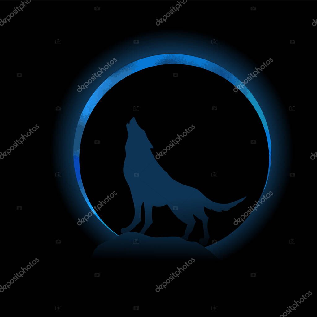 Wolf head howling in front of the moon