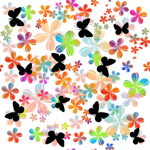 Ein nahtloser Hintergrund mit bunten Blumen mit Schmetterlingen. Stoff mit irisierenden Blümchen. Gemischte Medien. Vektorillustration — Stockvektor
