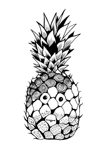 Cheerful cute pineapple. Monochrome, for coloring . Vector illustration — Stock Vector