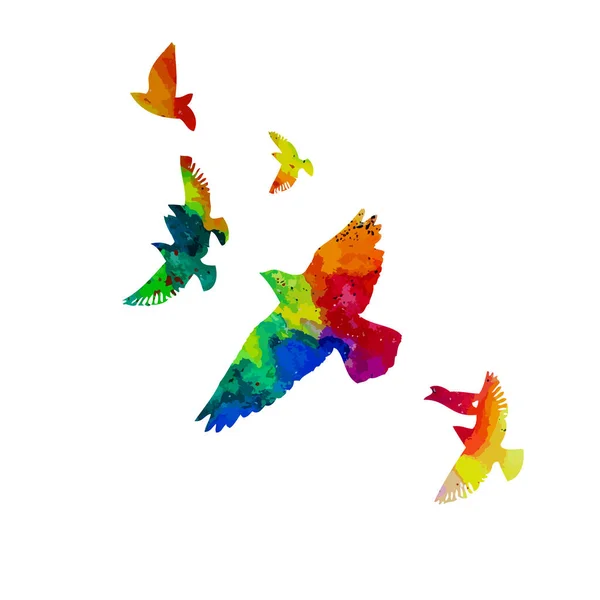 Vogelaquarel. Een kudde kleurrijke vogels. Gemengde media. Vectorillustratie — Stockvector