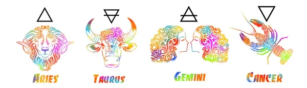 Un conjunto de signos del zodiaco. Huella de camiseta. Símbolo para el tatuaje. Medios mixtos. Objetos multicolores. Elementos de agua, tierra, fuego y aire. Ilustración vectorial — Archivo Imágenes Vectoriales