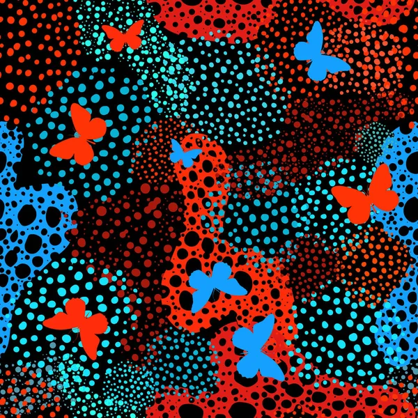 Abstrakt sömlös bakgrund av prickar och cirklar. Tryck för tyg med fjärilar. Vektorillustration — Stock vektor