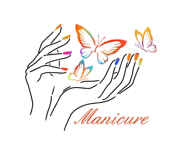 Hermosas manos femeninas. Estudio de uñas. Logo de esmalte de uñas. Medios mixtos. Mariposas multicolores. ilustración vectorial — Vector de stock