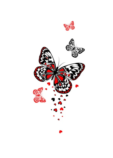 Mariposas con corazones. Rojo y negro. Feliz día de San Valentín. Ilustración vectorial — Vector de stock