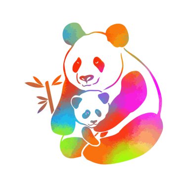 Panda ailesi. Anne ve bebek çok renkli panda. Vektör illüstrasyonu