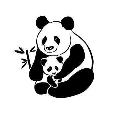 Panda ailesi. Anne ve bebek panda. Vektör illüstrasyonu