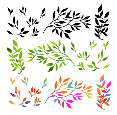 Nesne yaprakları olan zarif, çok renkli bir dal. Gökkuşağının güzel dalları. Karışık medya. Vektör illüstrasyonu