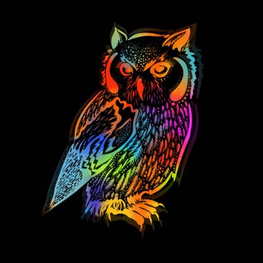 Baykuşun orijinal sanat eseri, etnik tarzda mürekkep el çizimi, çok renkli vektör çizimi. Karışık medya. Vektör illüstrasyonu