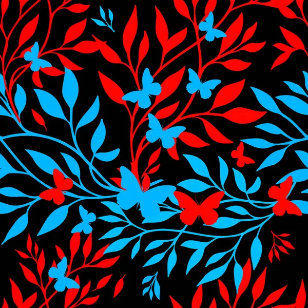 Ramitas de fondo sin costuras rojas y azules y hojas con mariposas. Ilustración vectorial — Archivo Imágenes Vectoriales