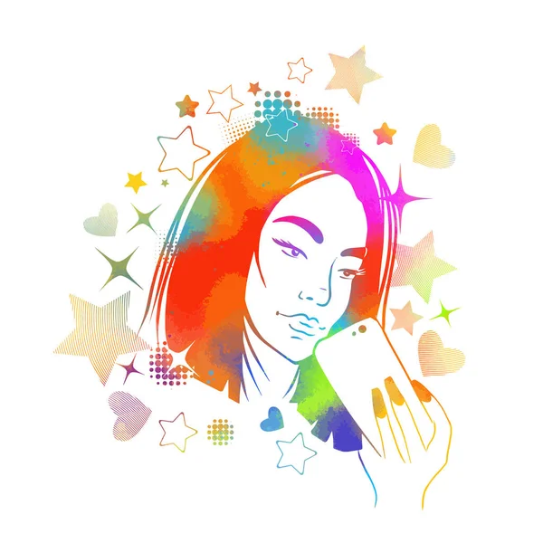 A rainbow girl takes a selfie. Mixed media. Multi-colored vector illustration — стоковый вектор