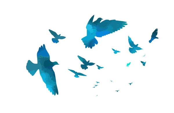 Een zwerm blauwe vogels. Vectorillustratie — Stockvector