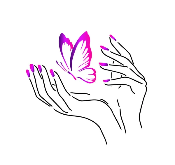 Beautiful female hands. Nail studio. Nail polish logo. pink butterflies. vector illustration — Stock Vector