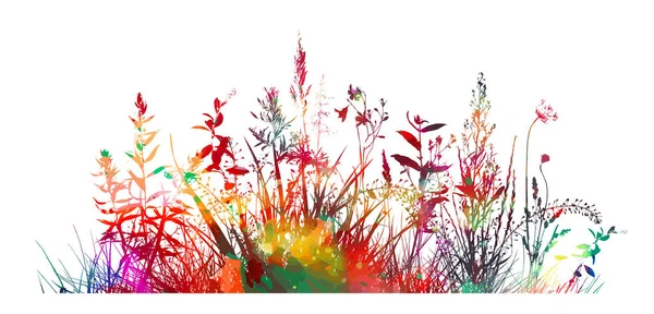 Pestrobarevná tráva s květinami. Vektorová ilustrace — Stockový vektor