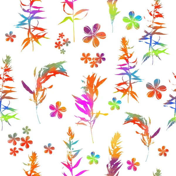 Regenbogen hinterlässt nahtlosen Hintergrund. Print für Stoff bunte Blumen. Gemischte Medien. Vektorillustration — Stockvektor