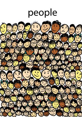 Çocukların sevimli, neşeli yüzleri. Çocuk resimleri çiziyor. Vektör illüstrasyonu