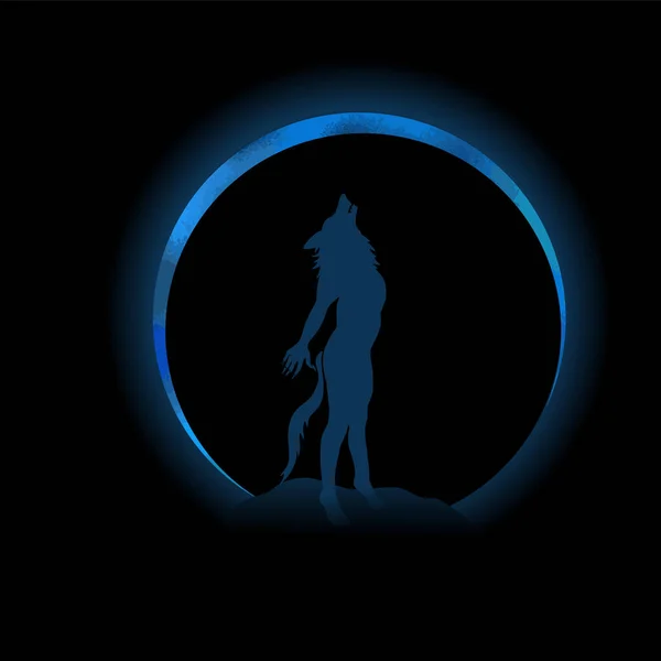 Lobo aullando a la luna sobre un fondo negro. luna brillante. Feliz Halloween. Hombre lobo. Impresión de camisetas. Ilustración vectorial — Vector de stock